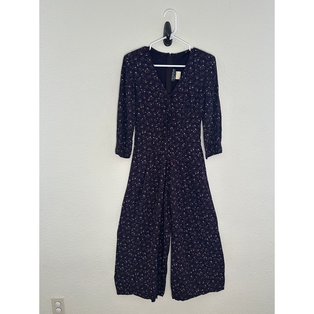 All That Jazz Jumpsuit Womens 7/8 Purple Floral Lace Up Front 3/4 Sleeve Vintage